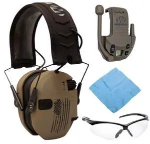 Walker's Razor Slim Electronic Hearing Protection Muff (Distressed Flag) Bundle with Walkie Talkie Attachment (Flat Dark Earth), Sport Glasses (Clear), and Microfiber Cleaning Cloth (4 Items)
