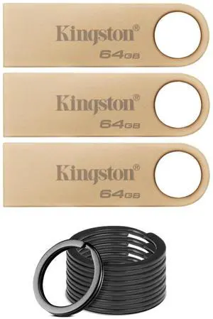 Kingston DataTraveler SE9 G3 USB 3.2 Gen 1 Flash Drive with 220MBPS Read Speed (64GB, 3-Pack) Bundle with Focus Camera Stainless Steel Keyring Set with Durable Keychain Rings (10-Pack) (4 Items)