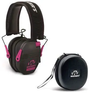 Walker's Razor Slim Shooter Pink Electronic Hunting Folding Hearing Protection Earmuffs with 23dB Noise Reduction & Black Shockproof Carrying Case