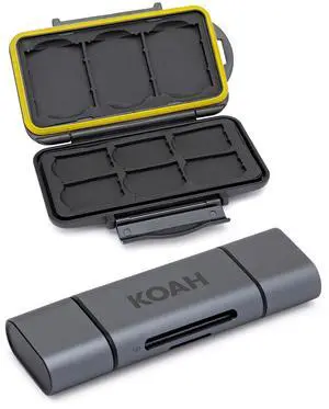 Koah PRO Rugged Memory Storage Carrying Case and 2-in-1 Aluminum Dual Slot SD Card Reader Bundle (2 Items)
