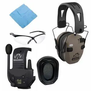 Walker's Razor Slim Quad Electronic Earmuffs with Bluetooth Technology (FDE) Bundle with Razor Walkie Talkie Attachment, Gel Ear Pad (Black), Sport Shooting Glasses, and Cleaning Cloth (5 Items)
