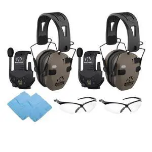 Walker's Razor Slim Quad Electronic Earmuffs (Flat Dark Earth, 2-Pack) Bundle with Walkie Talkie Attachment (2-Pack), Shooting Glasses (Clear, 2-Pack), and Microfiber Cleaning Cloth (2-Pack) (8 Items)