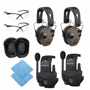 Walkers Razor Slim Quad Electronic Earmuffs with Bluetooth Technology (FDE) Bundle with Walkie-Talkie Attachments Gel Filled EARPAD Shooting Glasses and Microfiber Cleaning Cloths (10 Items)