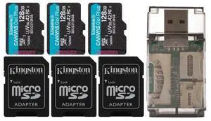 Kingston 128GB MicroSDXC Canvas Go Plus Memory Card (3-Pack) Bundle with Focus All-In-One High-Speed Card Reader (4 Items)