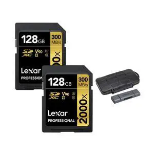 Lexar Professional 128GB 2000x UHS-II SDXC Memory Card (2-Pack) Bundle with Card Reader (3 items)