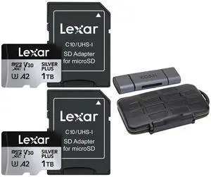 Lexar 1TB Professional SILVER PLUS UHS-I microSDXC Memory Card (2-Pack) Bundle with Card Reader and Case (3 items)