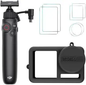 DJI Osmo Action Multifunctional Charging Handle with Protective Silicone Case and Tempered Glass Protectors Bundle - Charging Handle with high-capacity battery and camera control (3 Items)