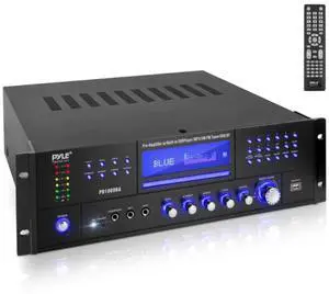 Pyle 4-Channel Wireless Bluetooth Power Amplifier - 1000W Stereo Speaker Home Audio Receiver w/FM Radio, USB, Headphone, 2 Microphone w/Echo, Front Loading CD DVD Player, LED, Rack Mount, Black