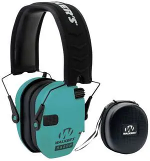 Walker's Razor Compact Electronic Ear Muff (Teal) for Youth and Women with (2-Pack) AAA Batteries Bundle with Protective Case (2 Items)