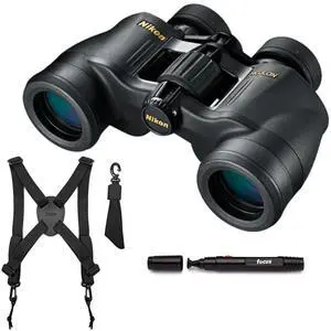 Nikon Aculon 7x35 A211 Central Focus Binocular with Aspherical Multi-Coated Eco-Glass Lenses Bundle with Focus Camera Binocular Harness and Focus Lens Cleaning Pen (3 Items)