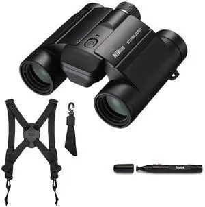Nikon 10x25 S Dual-Hinge Design Stabilized Binoculars with Multilayer Lens Coatings (Black) Bundle with Focus Camera Binocular Harness and Focus Lens Cleaning Pen (3 Items)