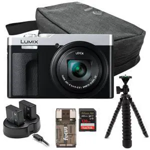 Panasonic LUMIX ZS99 30x Zoom Point Compact Digital Camera (Silver) Bundle with 128GB Memory Card, Storage Travel Case, Battery and Dual Charger, Spider Tripod, and Card Reader (6 Items)