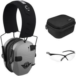 Walker's Razor Slim Electric Earmuff (Talk To Me Goose Gray) Bundle with Shooting Glasses and Hard Case (3 Items)