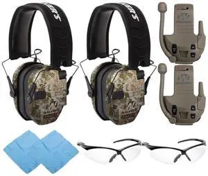 Walkers Razor Slim Electronic Muff (Kryptek Camo, 2-Pack) Bundle with Walker's Razor Walkie Talkie Attachment (2-Pack), Shooting Glasses (Clear, 2-Pack), and Cleaning Cloth (2-Pack) (8 Items)