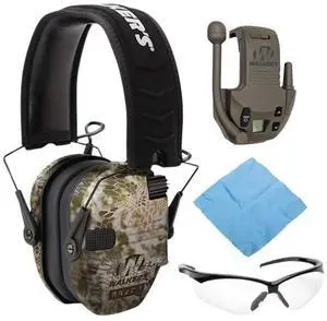 Walkers Razor Slim Electronic Muff (Kryptek Camo) Bundle with Walkers Razor Walkie Talkie Attachment (Olive Drab Green), Sport Glasses (Clear), and Microfiber Cleaning Cloth (4 Items)