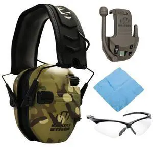 Walker's Razor Slim Electronic Muff (MultiCam Camo Tan) Bundle with 22-Channel Walkie Talkie Attachment (Flat Dark Earth), Sport Glasses (Clear), and Microfiber Cleaning Cloth (4 Items)