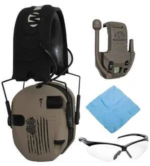 Walkers Razor Digital Electronic Ear Muff (US Flag-FDE) Bundle with 22-Channel Walkie Talkie Attachment (Flat Dark Earth), Sport Glasses (Clear), and Microfiber Cleaning Cloth (4 Items)