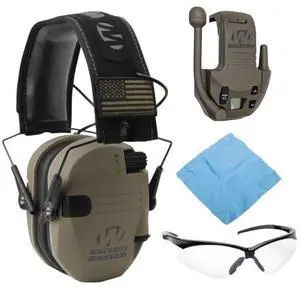 Walkers Razor Slim Electronic Muff (FDE Patriot Version) Bundle with Walkers Razor Walkie Talkie Attachment, Walkers Crosshair Sport Shooting Glasses (Clear), and Microfiber Cleaning Cloth (4 Items)
