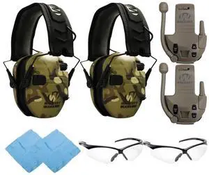 Walker's Razor Slim Electronic Muff (MultiCam Camo Tan) (2-Pack) Bundle with Walkie Talkie Attachment (Flat Dark Earth) (2-Pack), Sport Glasses (Clear) (2-Pack), and Cleaning Cloth (2-Pack) (8 Items)