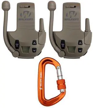 Walker's Razor 22-Channel Walkie Talkie Attachment with LCD Screen (Flat Dark Earth, 2-Pack) Bundle with BELOW ZERO 12kN Heavy Duty Carabiner with Locking Clip (Orange) (3 Items)
