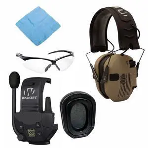 Walker's Razor Slim Electronic Earmuffs (Distressed Flag) Bundle with Walkie Talkie Attachment, Ear Pad (Black), Glasses (Clear), and Cleaning Cloth (5 Items)
