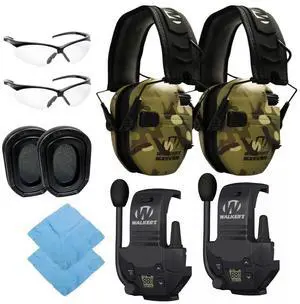 Walkers Razor Slim Electronic Muff (MultiCam Camo Tan, 2-Pack) Bundle with 2 x Walkie-Talkie Attachment, 2 x Gel Ear Pad, 2 x Shooting Glasses, and 2 x Microfiber Cleaning Cloth (10 Items)