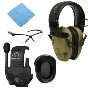 Walkers Razor Slim Electronic Muff (OD GRN Patriot) Bundle with Walkie-Talkie Attachment, Gel Ear Pad, Shooting Glasses, and Microfiber Cleaning Cloths (5 Items)
