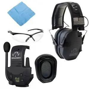 Walker's Razor Slim Electronic Muff (Black Patriot Version) Bundle with Walkie-Talkie Attachment, Gel Ear Pad, Shooting Glasses, and Microfiber Cleaning Cloths (5 Items)