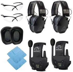Walker's Razor Slim Electronic Muff (Black Patriot Version, 2-Pack) Bundle with 2 x Walkie-Talkie Attachment, 2 x Gel Ear Pad, 2 x Shooting Glasses, and 2 x Microfiber Cleaning Cloths (10 Items)