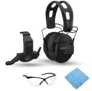 Walker's Recon Low-Profile Digital Electronic Muff with SAC Technology and NRR 26 (Black) Bundle with Recon Walkie Talkie, Sport Glasses (Clear), and Cleaning Cloth (4 Items)