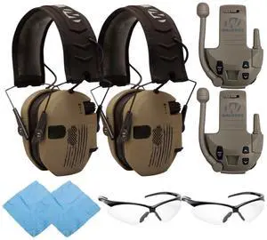 Walker's Razor Slim Electronic Hearing Muff (Distressed Flag) Bundle with Walkie Talkie Attachment (Flat Dark Earth) (2-Pack), Sport Glasses (Clear) (2-Pack), and Cleaning Cloth (2-Pack) (8 Items)
