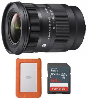 Sigma 16-28mm F2.8 DG DN Lens for L Mount Bundle with External Portable Hard Drive, and 64GB Memory Card (4 Items)