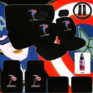 New 16 Pieces Captain Amerca Logo Low Back Front Car Seat Covers, Rear Bench Cover, Seat Belt Covers, Steering Wheel Cover, 4 Pieces Carpet Floor Mats and a 2 oz Purple Slice Car Wash Free Detailer