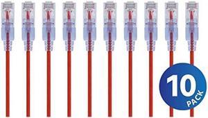 Monoprice SlimRun Cat6A Ethernet Patch Cable - Network Internet Cord - RJ45, 550Mhz, UTP, Pure Bare Copper Wire, 10G, 30AWG, 7ft, Red, 10-Pack