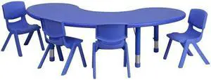 35''W x 65''L Half-Moon Blue Plastic Height Adjustable Activity Table Set with 4 Chairs
