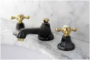 Kingston Brass NS4469BX Water Onyx widespread lavatory faucet with brass pop-up drain, black nickel finish with polished brass trim
