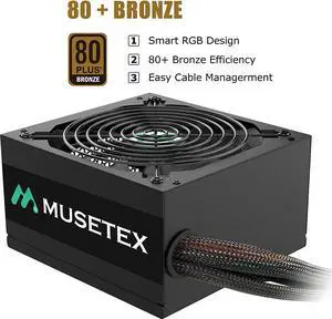 MUSETEX ATX12V / EPS12V 650W Power Supply 80 Plus Bronze 14cm Silent Fan Certified Non-Modular CPU Power Supply for Computer