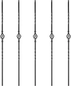 Myard Single Basket 1/2 Inches Square Iron Stair Balusters, 44 Inches 5-Pack (Satin Black)