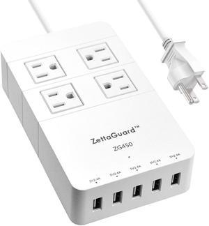 Zettaguard Mini 4-Outlet Travel Power Strip Surge Protector with 5 USB Charger USB Charging Station (Smart USB Port, 40W/8A) and 5 Feet Power Cord, White  (ZG450)