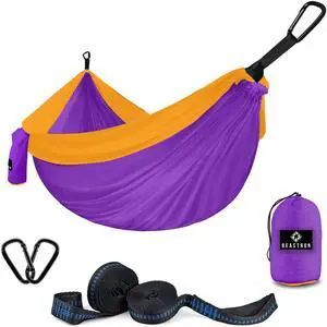 Beastron Camping Hammock Large Size with Tree Straps, Max 600 lb (Violet +Gold)