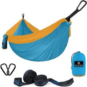 Beastron Camping Hammock Large Size with Tree Straps, Max 600 lb (Lake Blue + Gold)