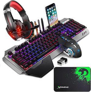 Wireless Gaming Keyboard Mouse and Wired Gaming Headset Combo,Rainbow Backlit Rechargeable Metal Mechanical Feel Keyboard for Laptop PC Gamer