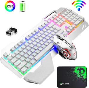 Wireless Gaming Keyboard And Mouse Set, Rechargable RGB Backlit Mechanical Feel Waterproof Metal Panel Keyboard Mouse for Laptop PC Gamer Silver