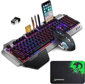 Wireless Gaming Keyboard and Mouse set with Rainbow Backlit Rechargeable Metal Panel Mechanical Feel Keyboard and Gaming Mouse for Gamer Laptop PC,Black