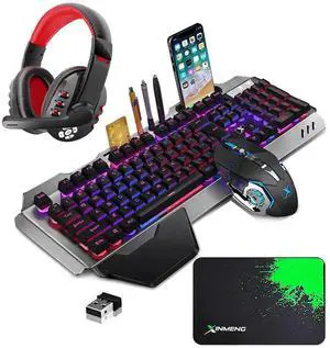 Wireless Gaming Keyboard Mouse Set and Wireless Gaming Headset Rainbow Backlit Rechargeable Metal Mechanical Feel Keyboard for Laptop PC Gamer Office