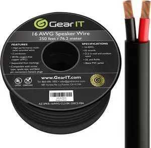 16 AWG Gauge CL3 OFC Speaker Wire, GearIT Pro Series 16 AWG Gauge (250 Feet / 76.2 Meters / Black) Oxygen Free Copper UL CL3 Rated Outdoor Direct Burial and In-Wall Installation Speaker Wire Cable