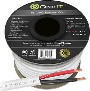 16 Gauge CL2 OFC Speaker Wire, GearIT Pro Series 16AWG (50 Feet / 15.24 Meters / White) Oxygen Free Copper UL CL2 Rated In-Wall Speaker Wire Cable for Home Theater and Car Audio Use