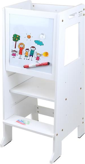 Height Adjustable Kids Kitchen Step Stool with Magnetic Activity Board (White)