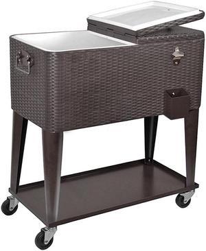 Outdoor Patio Rolling Cooler Cart 80 Qt Wicker Ice Chest Beverage Brown Rattan