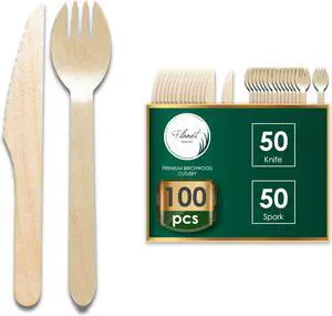 Planet Pantry Disposable Birchwood Cutlery Wooden Bamboo-Like for Party - Knife & Spork - 50 pcs each
